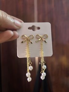 Gold Bow Pearl Drop Earrings