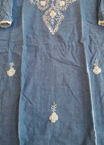 Blue Embroidered Cotton Kurta