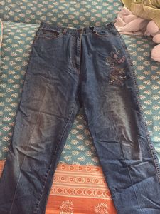 Embroidered Blue Straight Denim Jeans