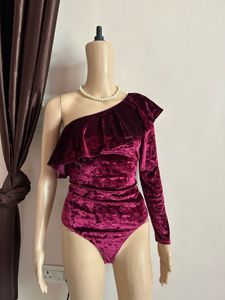 Velvet One-Shoulder Ruffle Bodysuit