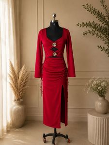 Red Ruched Bodycon Dress with Side Slit