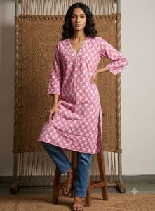 Pink Block Print Cotton Kurta