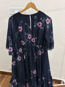 Indigo blue Floral Ruffle hem Midi Dress