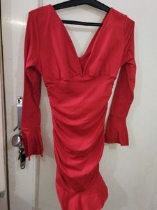 Chic Red Ruched V-Neck Dress