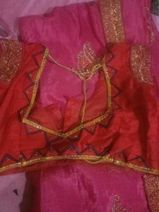 Beautiful Pink Saree with Red Blouse