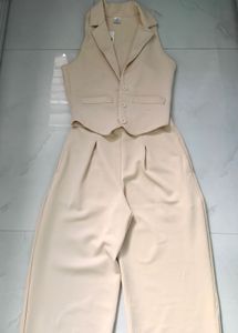 Chic Beige Vest and Wide Leg Pants co-ords set