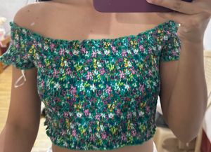 Green Floral Smocked Off-Shoulder Top