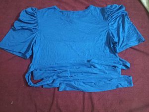 Blue Puff Sleeve Wrap Top