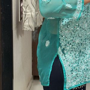 Beautiful Teal Chikankari Kurta with Mirror Work