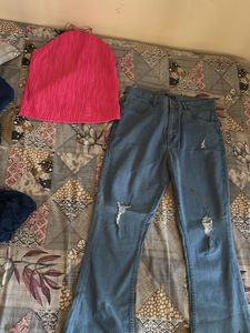 Pink Textured Top & Ripped Jeans Set