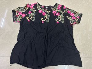 Boho-Chic Embroidered Yoke Black Tunic Top