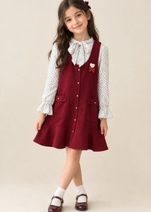Cute Red  Winter Pinafore Dress with White Top