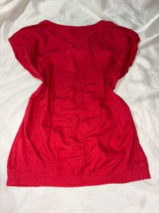 Red Button-Up Short Sleeve Blouse