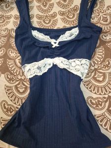 Navy Blue Lace Trim Cami Top