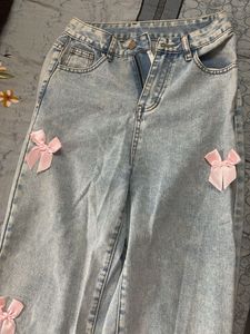 Cute Light Wash Jeans with Ribbon Detail