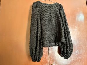 zara Black Textured Balloon Sleeve Top