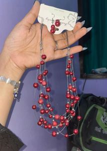 Red Beaded Statement Necklace & Earrings Set