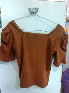 Rust Brown Ribbed Puff Sleeve Top for Women
