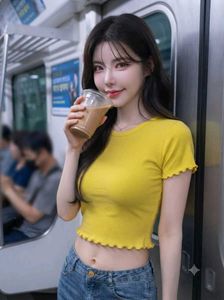Korean Yellow Lettuce Trim Rib-knit Crop Top Tee