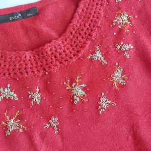Red Embroidered,Embellished Long Sleeve Top