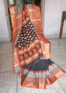 Orange &amp; Black Patterned Saree