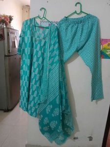 Teal Leaf Print Kurta Set with Dupatta