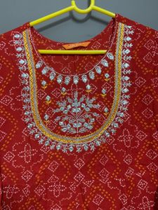 Red Bandhani Printed Kurta with Mirror Work