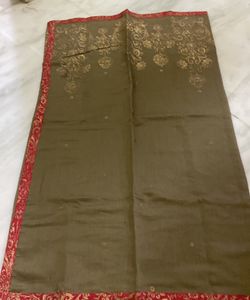 OLIVE GREEN COTTON BLEND GOLDEN PRINTED DUPATTA