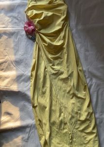 yellow draped square neck dress