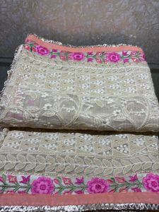 Fully Embroidered Net Dupatta with Pink Border
