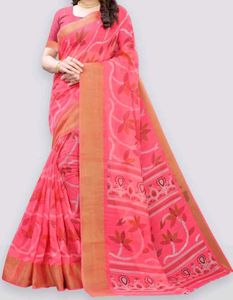 Printed Madhubani Cotton Blend Saree (Pink)
