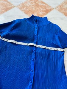 Vibrant Blue Pleated Mock Neck Button-Up Shirt