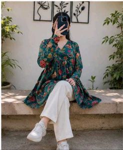 Floral Print Kurta with Bell Sleeves-All size