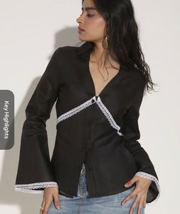 Chic Black Bell Sleeve Top with Lace Trim