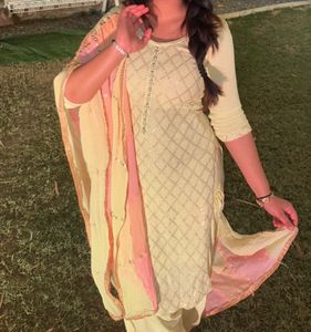 Elegant butter yellow Cream Kurta Set with Dupatta