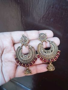 Antique Gold Jhumka Earrings with Red Beads
