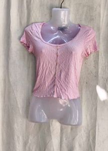 Cute Pink Ribbed Button-Up Crop Top