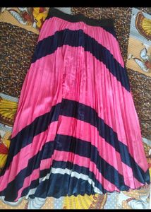 Pink &amp; Navy Striped Pleated Skirt