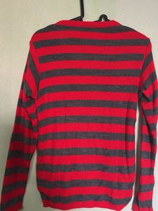 Red &amp; Grey Striped V-Neck Sweater