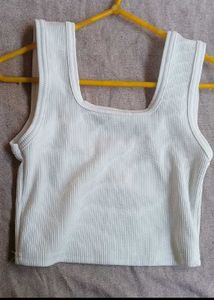White Ribbed Square Neck Tank Top