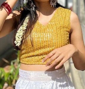 Mustard Sequin V Neck Crop Top