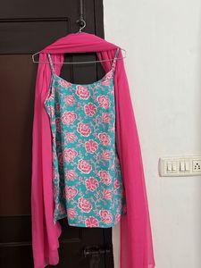 Sky blue &amp;Pink  Floral Kurta Set with Dupatta