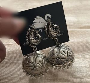 Antique Silver Peacock Jhumka Earrings