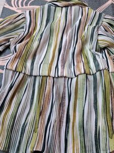 Pleated Striped Button-Up Shirt