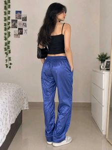 Blue Shiny Wide Leg Pants