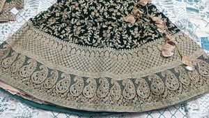 Bottle Green Bridal Embroiderd Velvet Lehenga