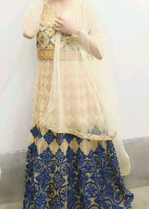 Elegant Blue &amp; Gold Ethnic Gown + free gift