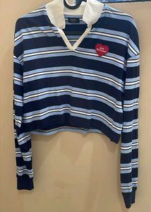 Blue Striped Cropped Long Sleeve Top