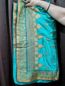 Turquoise Saree with Gold Embroidery