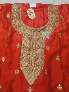 Red &amp; Gold Embroidered  dress material